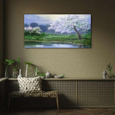 Spring landscape with blooming trees Glass Wall Art