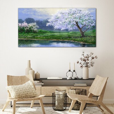 Spring landscape with blooming trees Glass Wall Art