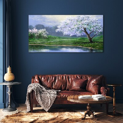 Spring landscape with blooming trees Glass Wall Art