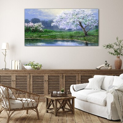 Spring landscape with blooming trees Glass Wall Art