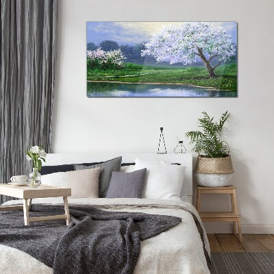 Spring landscape with blooming trees Glass Wall Art