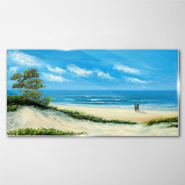 A romantic walk by the sea Glass Wall Art