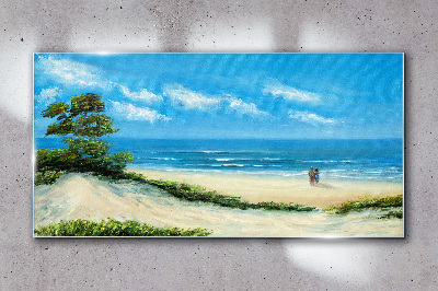 A romantic walk by the sea Glass Wall Art