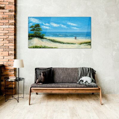 A romantic walk by the sea Glass Wall Art