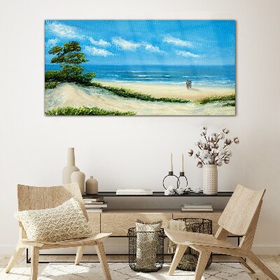 A romantic walk by the sea Glass Wall Art