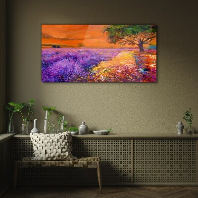 Lavender fields in sunset Glass Print