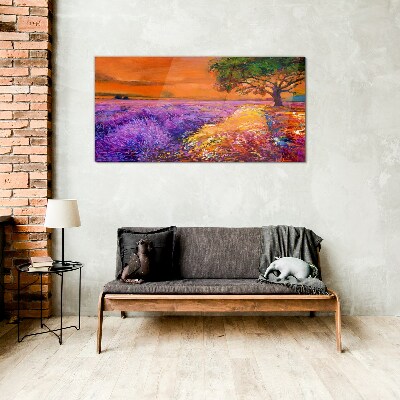 Lavender fields in sunset Glass Print