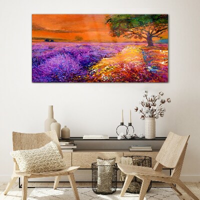 Lavender fields in sunset Glass Print