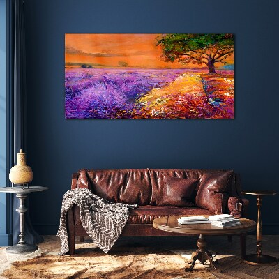 Lavender fields in sunset Glass Print