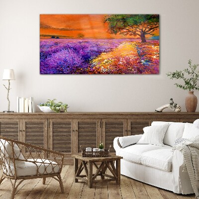 Lavender fields in sunset Glass Print