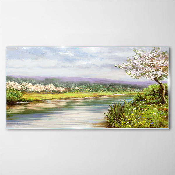 Spring landscape by the river Glass Wall Art