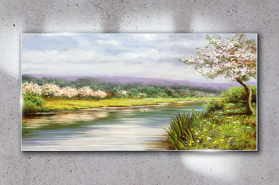 Spring landscape by the river Glass Wall Art