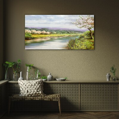 Spring landscape by the river Glass Wall Art