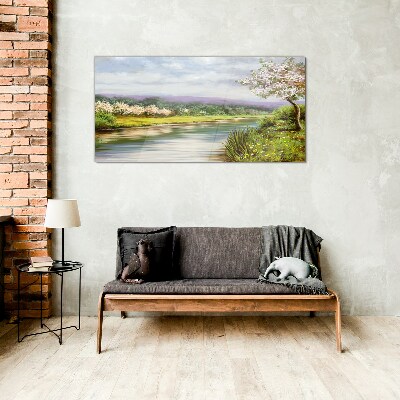 Spring landscape by the river Glass Wall Art