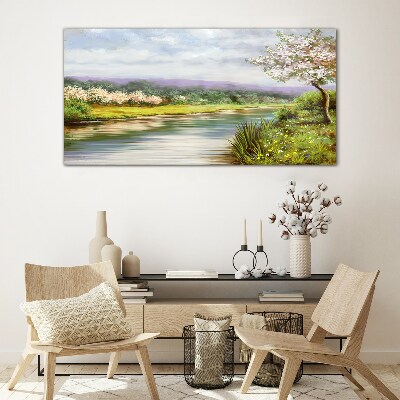 Spring landscape by the river Glass Wall Art