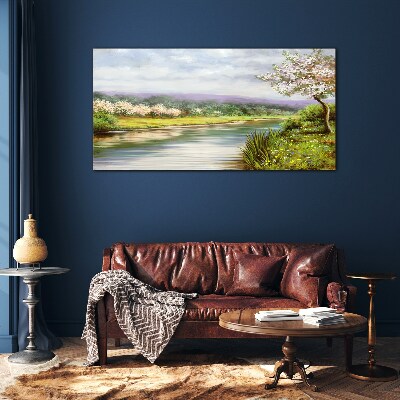 Spring landscape by the river Glass Wall Art