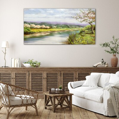 Spring landscape by the river Glass Wall Art