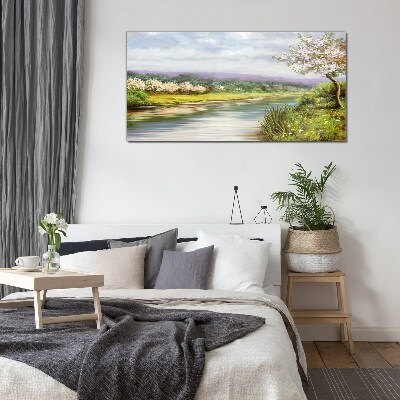 Spring landscape by the river Glass Wall Art