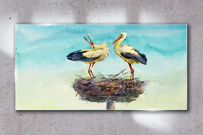 Storks on a nest in the blue Glass Wall Art