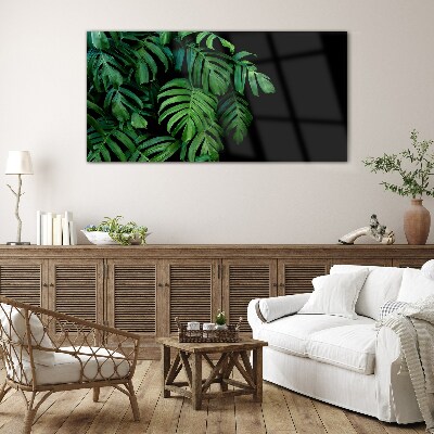 Green leaves on a black background Glass Wall Art