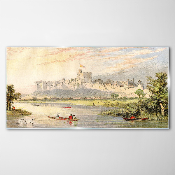 A castle by the river in pastel colors Glass Print