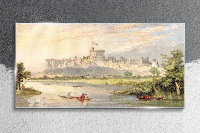 A castle by the river in pastel colors Glass Print