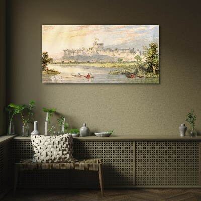 A castle by the river in pastel colors Glass Print