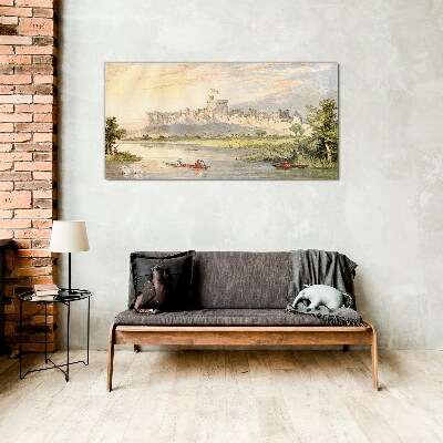 A castle by the river in pastel colors Glass Print