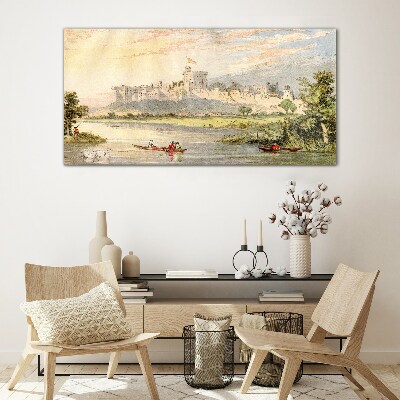 A castle by the river in pastel colors Glass Print