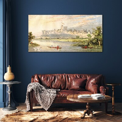 A castle by the river in pastel colors Glass Print