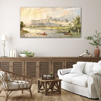 A castle by the river in pastel colors Glass Print