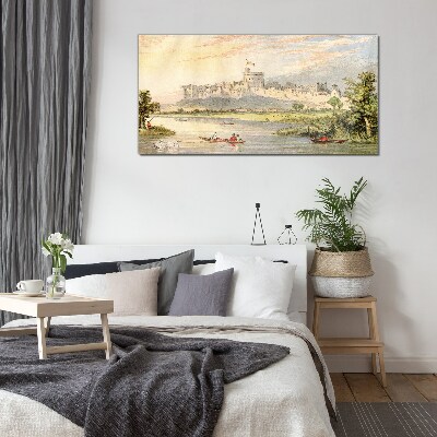 A castle by the river in pastel colors Glass Print