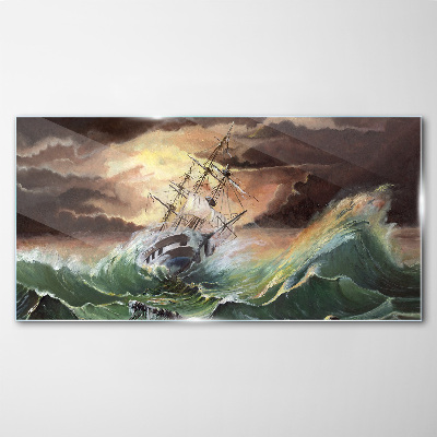 Stormy ocean with a wrecked ship Glass Print