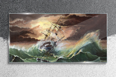 Stormy ocean with a wrecked ship Glass Print