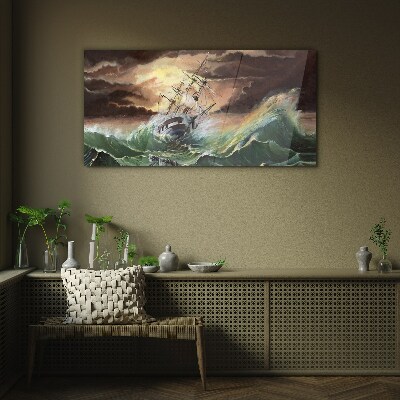 Stormy ocean with a wrecked ship Glass Print