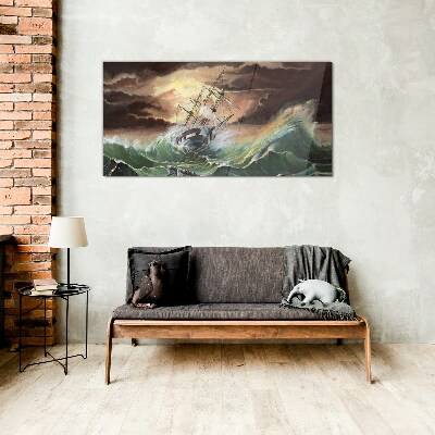 Stormy ocean with a wrecked ship Glass Print
