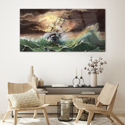 Stormy ocean with a wrecked ship Glass Print