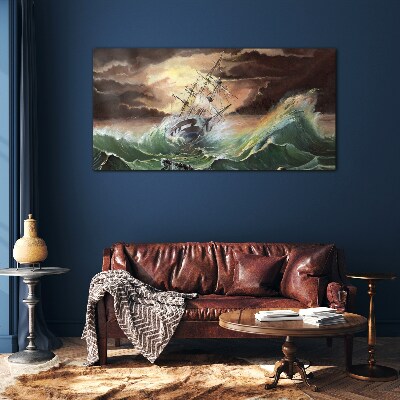 Stormy ocean with a wrecked ship Glass Print