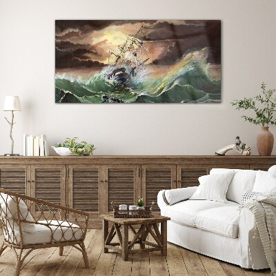 Stormy ocean with a wrecked ship Glass Print