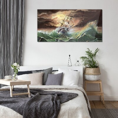 Stormy ocean with a wrecked ship Glass Print