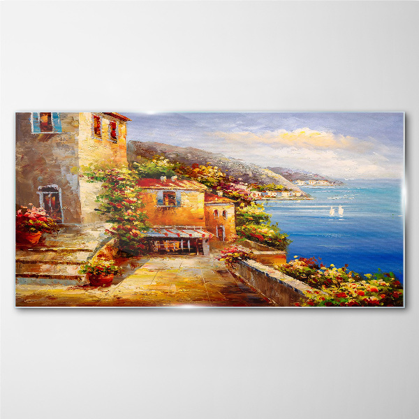 Seaside village in the sun Glass Wall Art