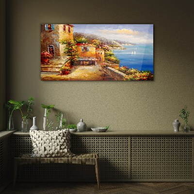 Seaside village in the sun Glass Wall Art