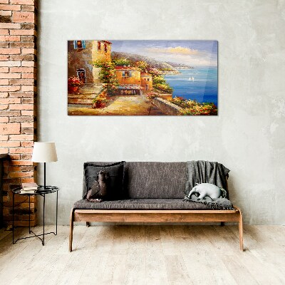 Seaside village in the sun Glass Wall Art