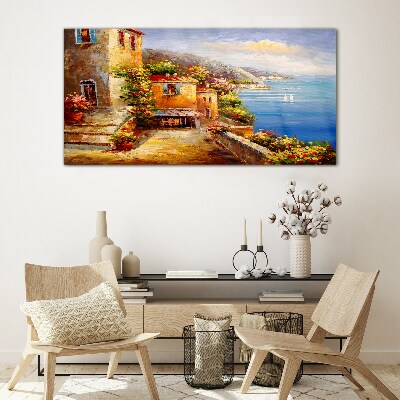 Seaside village in the sun Glass Wall Art