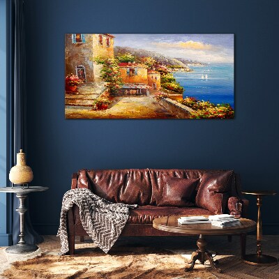Seaside village in the sun Glass Wall Art