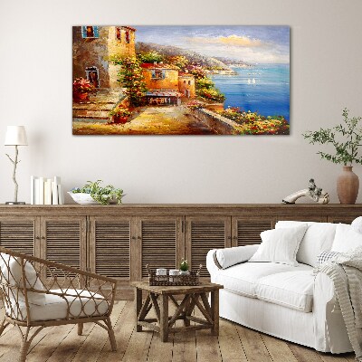 Seaside village in the sun Glass Wall Art
