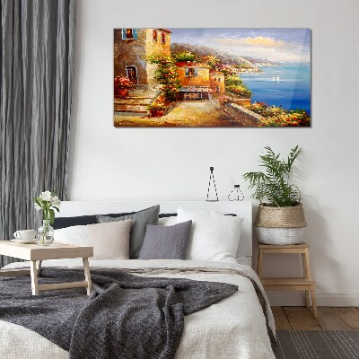 Seaside village in the sun Glass Wall Art