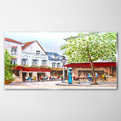 A cafe alley in the town Glass Print