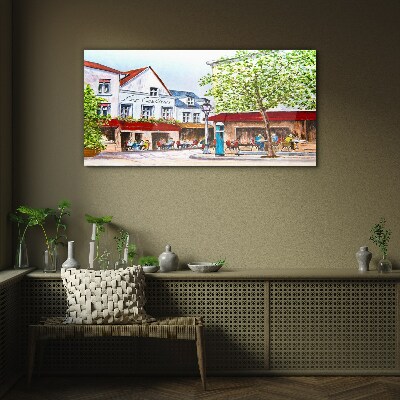 A cafe alley in the town Glass Print