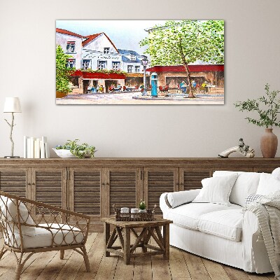 A cafe alley in the town Glass Print